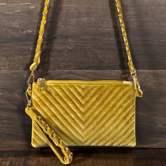 Velvet Chevron Crossbody Bag & Wristlet Mustard - Picture 2 of 6